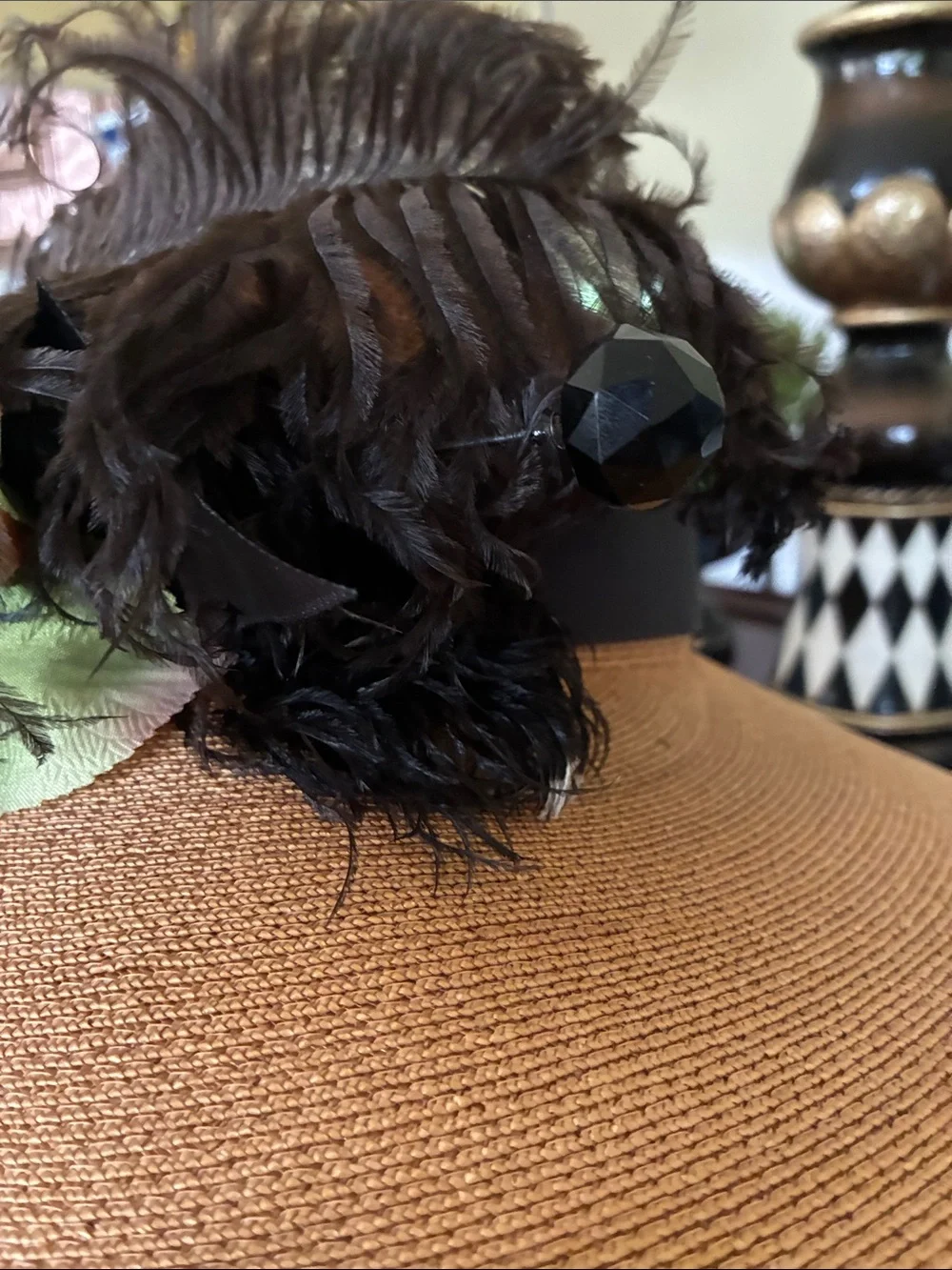 Antique Tan Straw Hat with White Rose, Black Ribbon & Brown Feathers